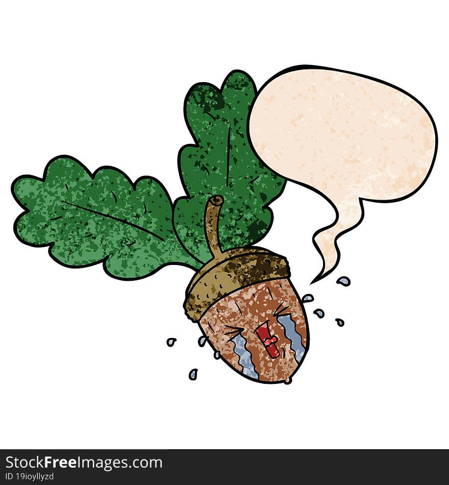 cartoon crying acorn and speech bubble in retro texture style