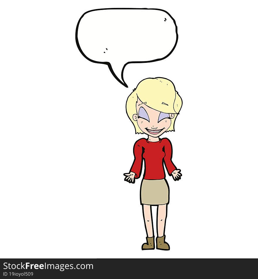 cartoon happy woman shrugging shoulders with speech bubble