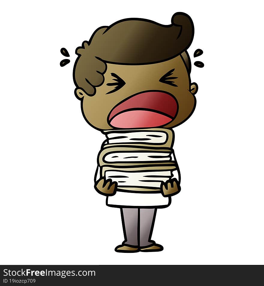 cartoon shouting man with stack of books. cartoon shouting man with stack of books