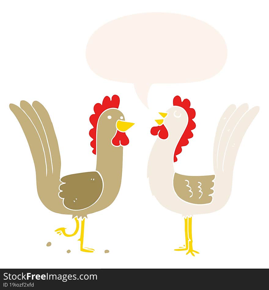 cartoon chickens and speech bubble in retro style