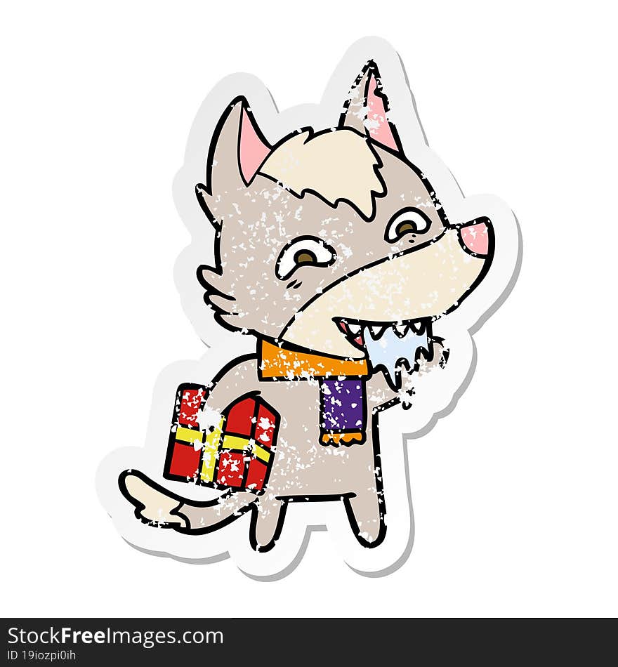 distressed sticker of a cartoon hungry wolf holding christmas present