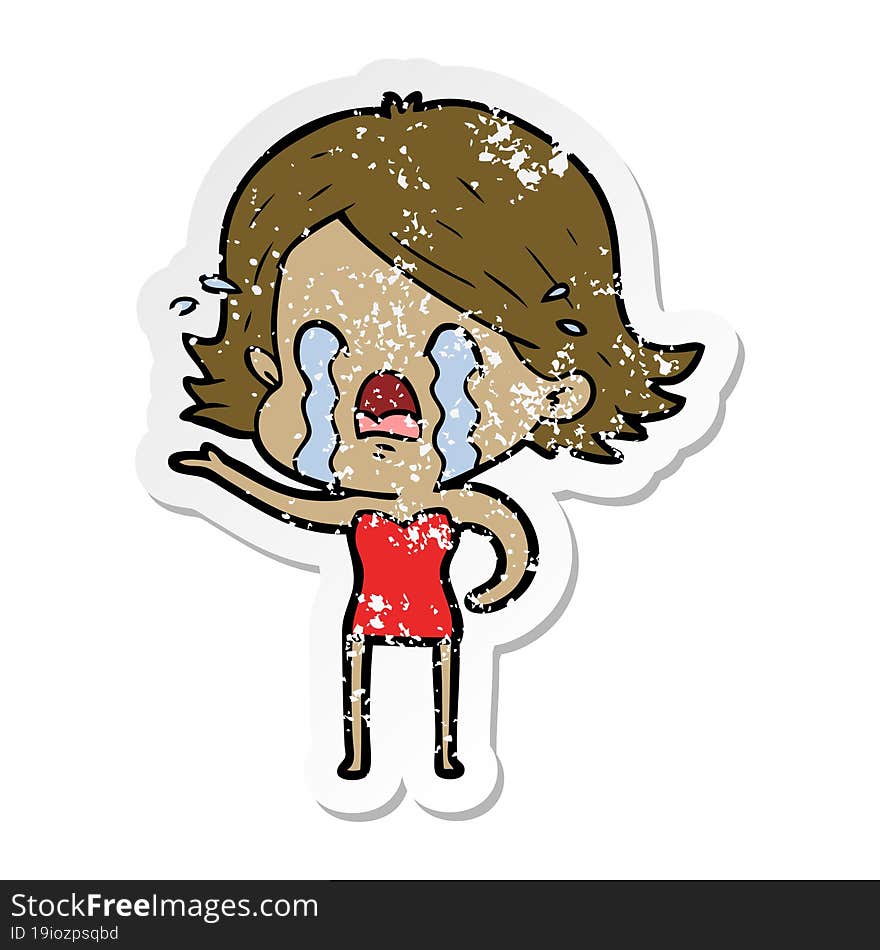 distressed sticker of a cartoon woman crying