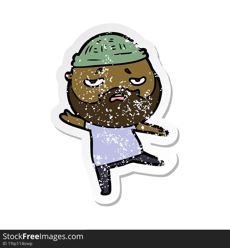 distressed sticker of a cartoon worried man with beard