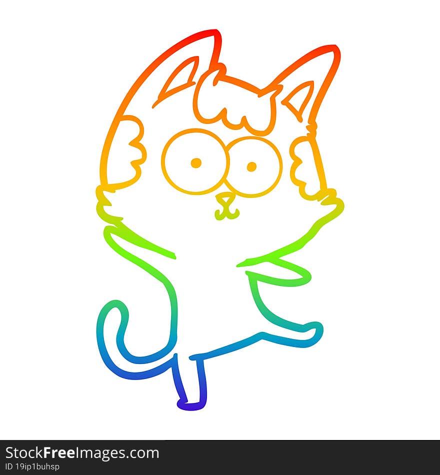 rainbow gradient line drawing of a happy cartoon cat dancing