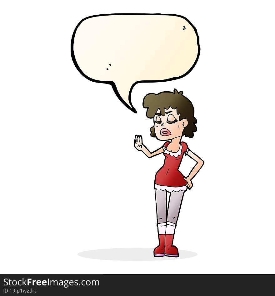 cartoon woman making dismissive gesture with speech bubble