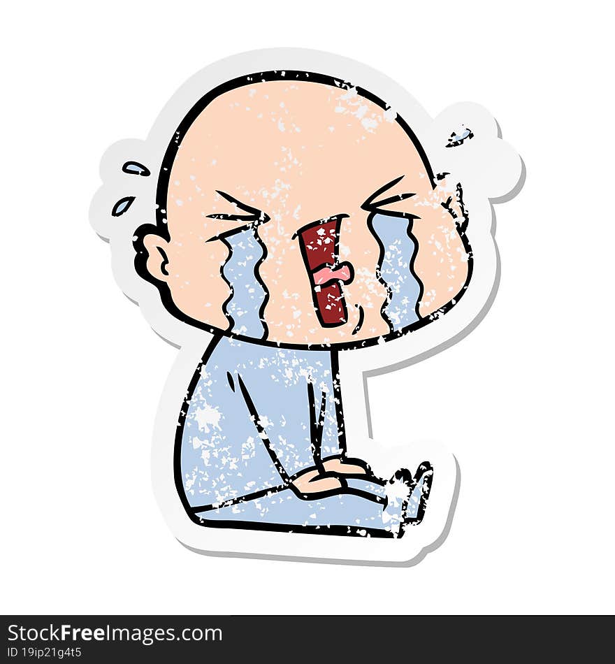 distressed sticker of a cartoon crying bald man