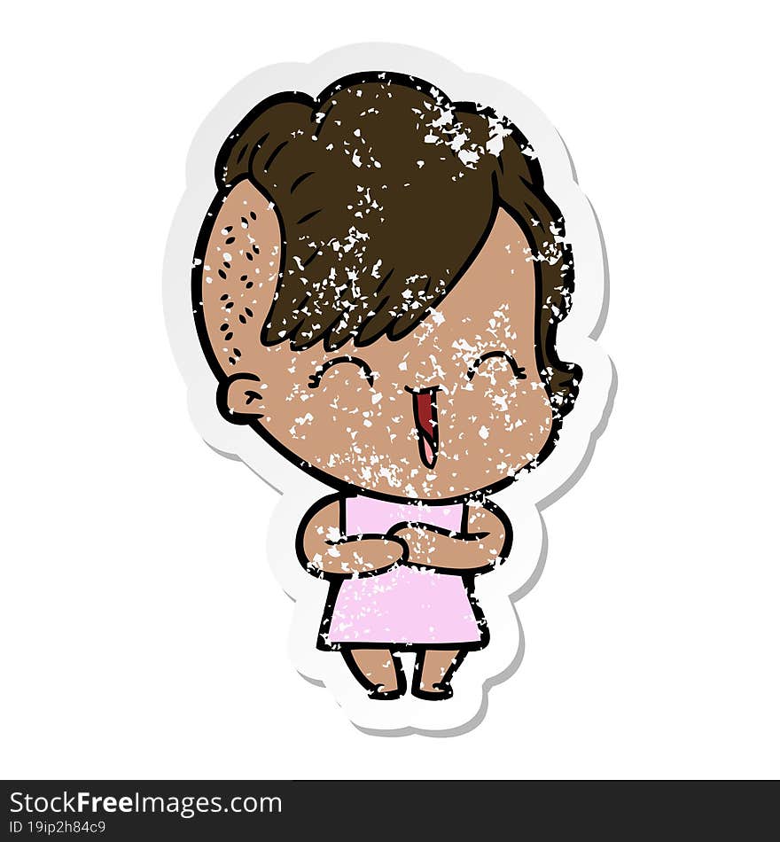 Distressed Sticker Of A Cartoon Happy Hipster Girl