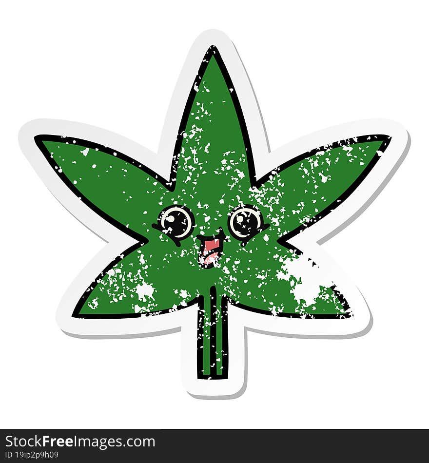 distressed sticker of a cute cartoon marijuana leaf