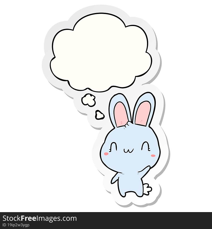 cartoon rabbit waving and thought bubble as a printed sticker