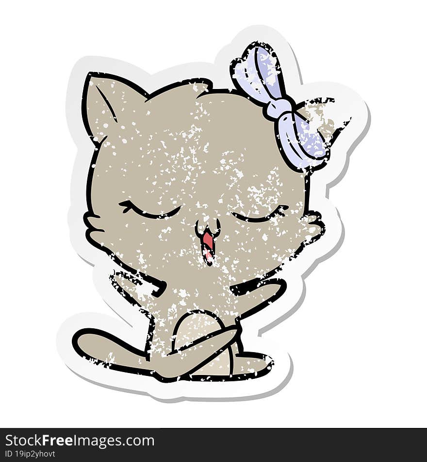 distressed sticker of a cartoon cat with bow on head