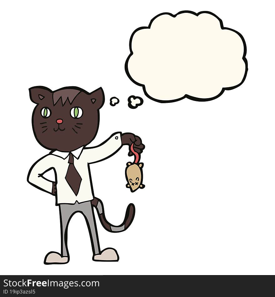 cartoon business cat with dead mouse with thought bubble