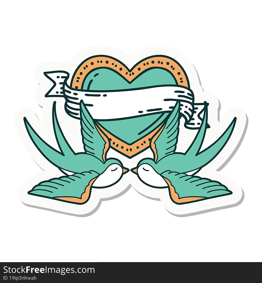 sticker of tattoo in traditional style of swallows and a heart with banner. sticker of tattoo in traditional style of swallows and a heart with banner