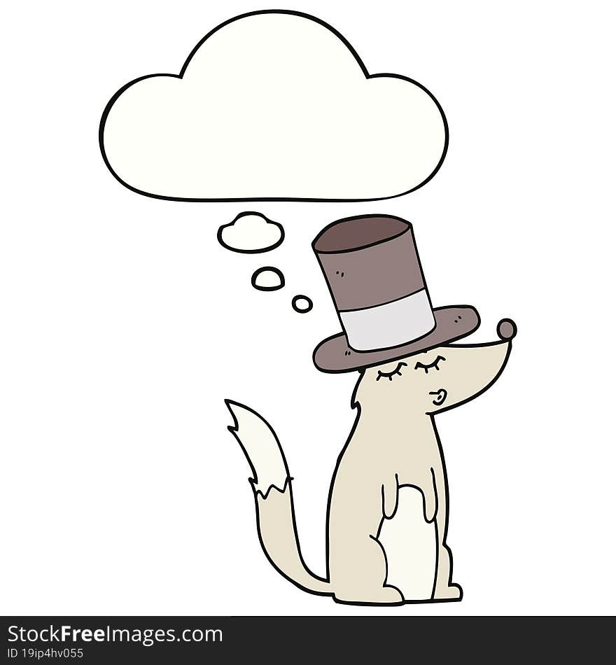 cartoon wolf whistling wearing top hat and thought bubble