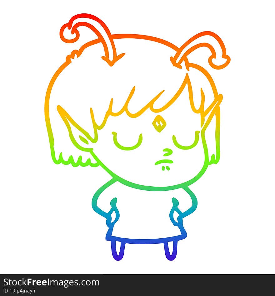 rainbow gradient line drawing of a cartoon alien girl