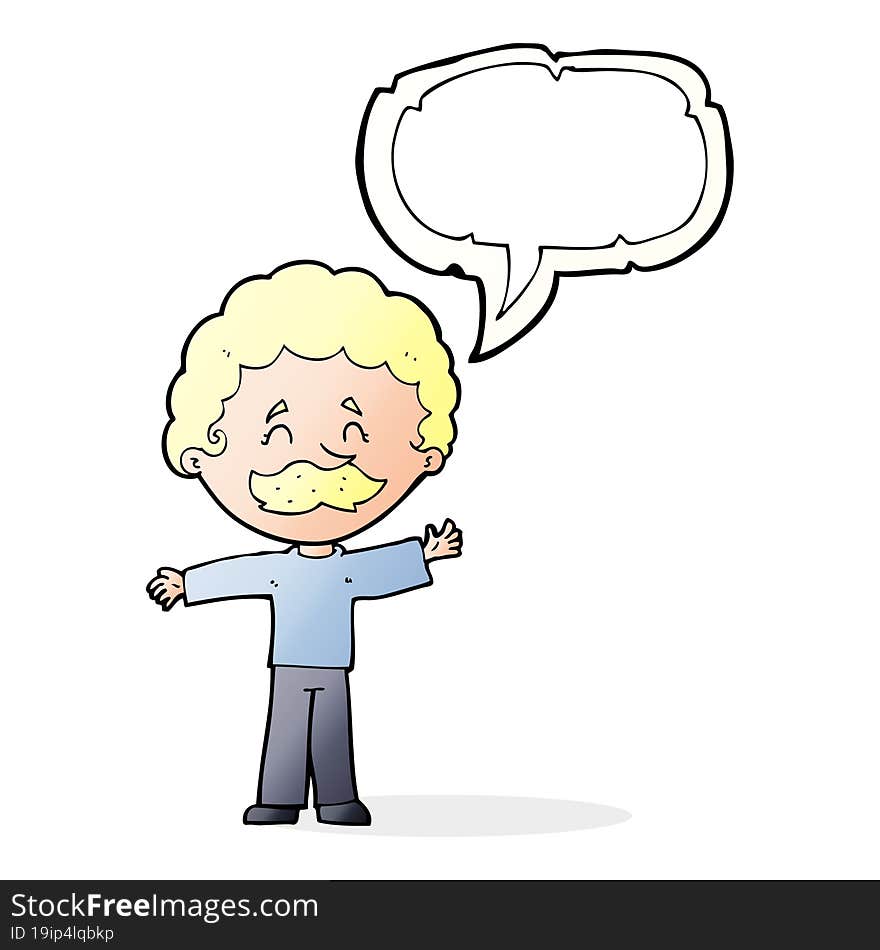 cartoon boy with mustache with speech bubble