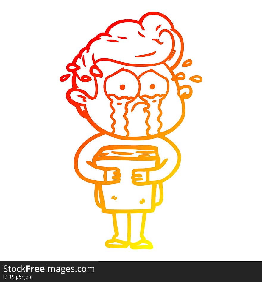 warm gradient line drawing cartoon crying man holding book