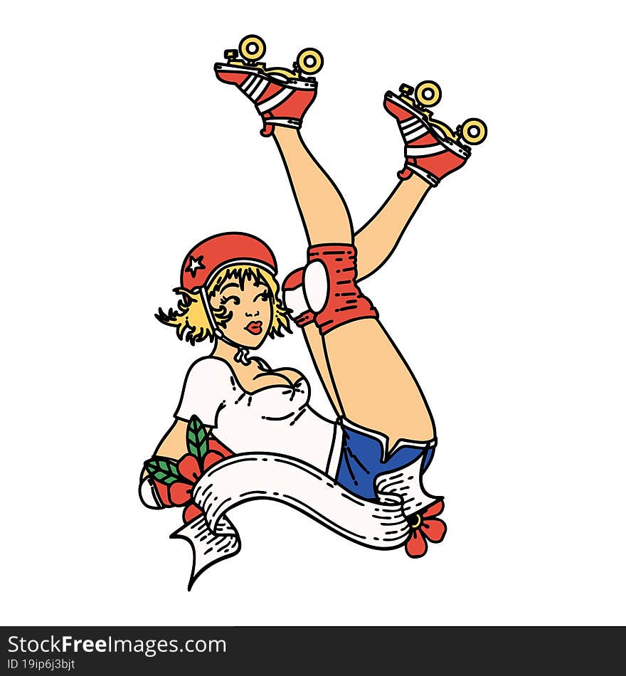 Traditional Tattoo Of A Pinup Roller Derby Girl  With Banner