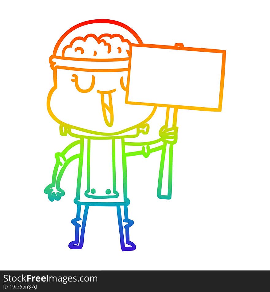 rainbow gradient line drawing of a happy cartoon robot with sign