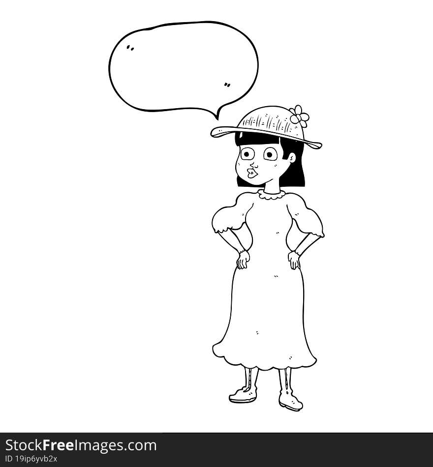 freehand drawn speech bubble cartoon woman in sensible dress