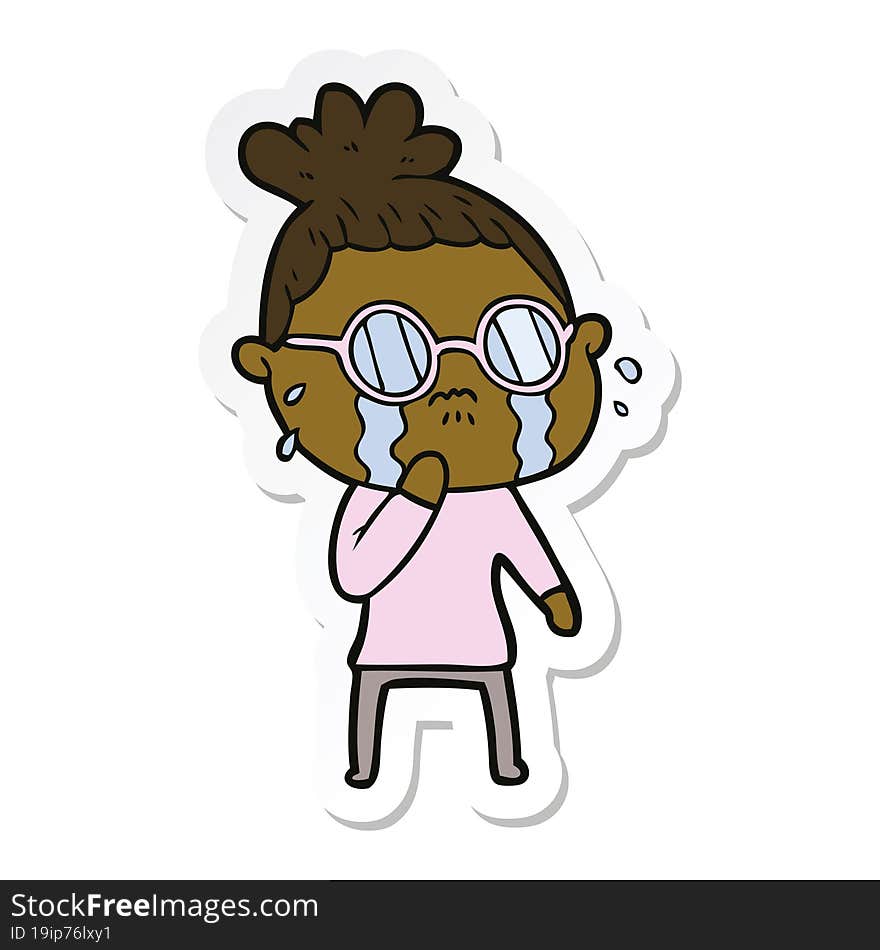 sticker of a cartoon crying woman wearing spectacles