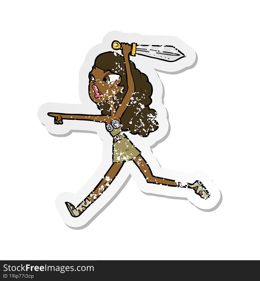 retro distressed sticker of a cartoon girl with sword