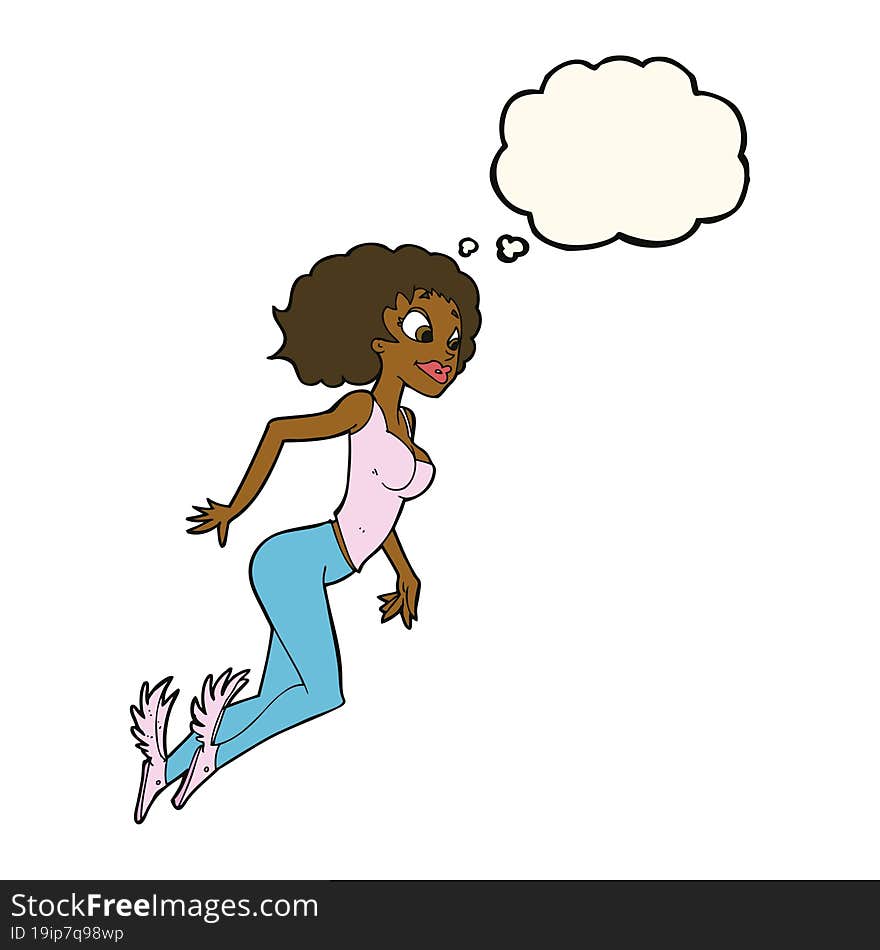 cartoon flying woman with thought bubble