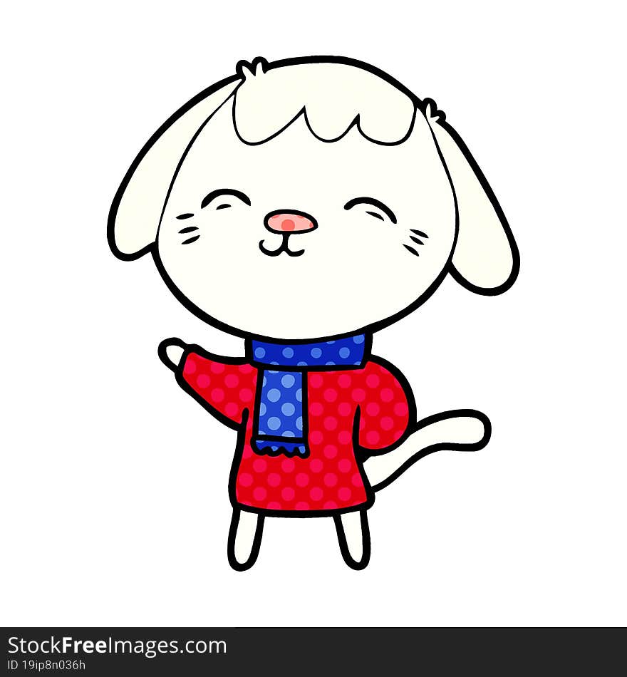 happy cartoon dog in winter clothes. happy cartoon dog in winter clothes