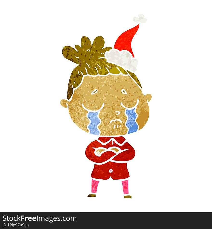 retro cartoon of a crying woman wearing santa hat