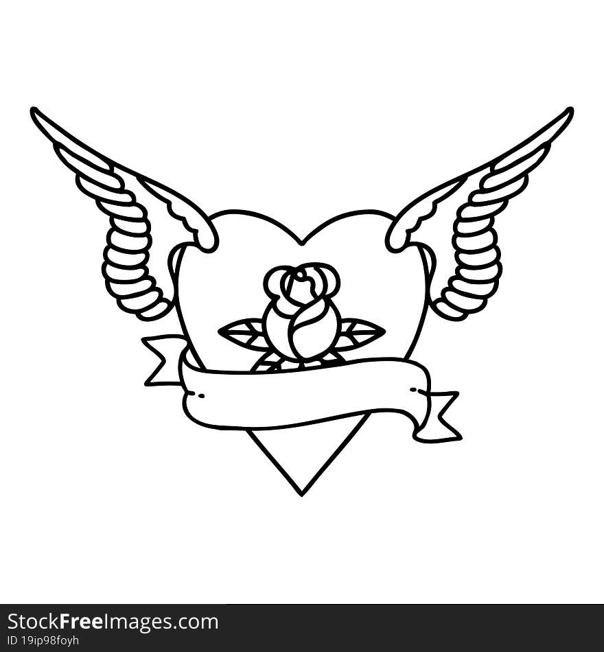 tattoo in black line style of heart with wings a rose and banner. tattoo in black line style of heart with wings a rose and banner