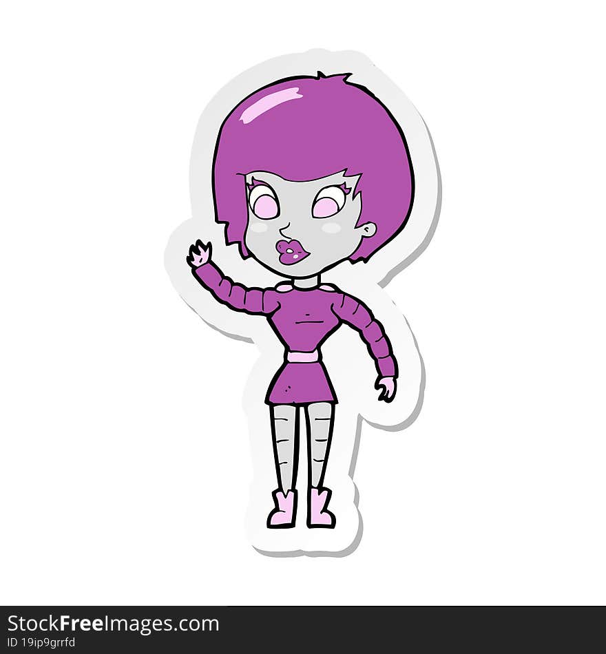 Sticker Of A Cartoon Robot Woman Waving