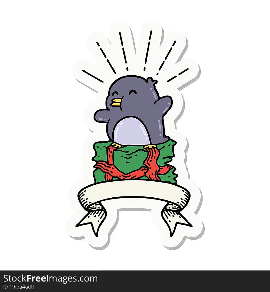 sticker of tattoo style penguin sitting on present