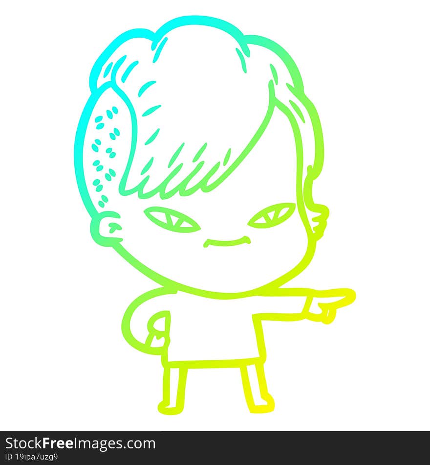 cold gradient line drawing cute cartoon girl with hipster haircut