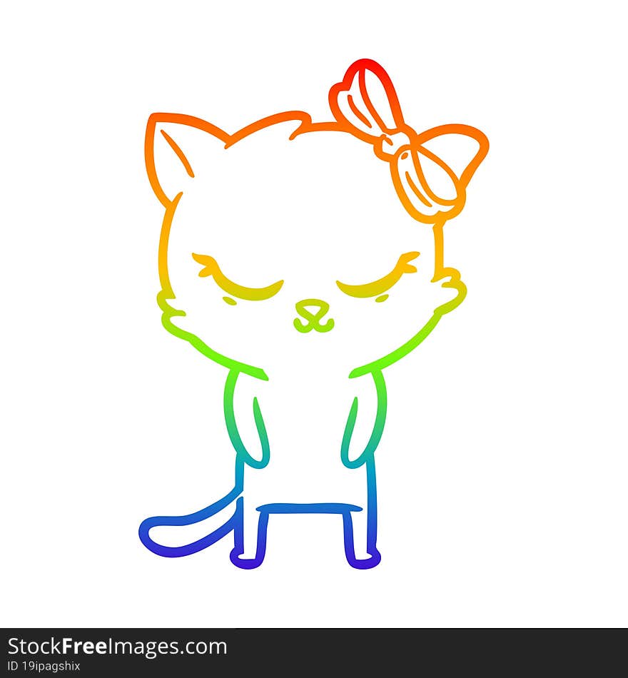 rainbow gradient line drawing cute cartoon cat with bow