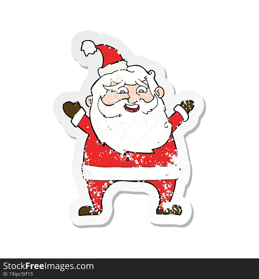 retro distressed sticker of a jolly santa cartoon