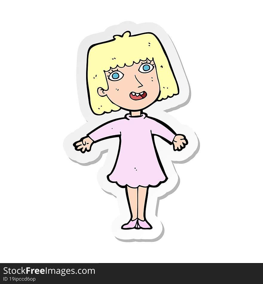 sticker of a cartoon happy woman in dress