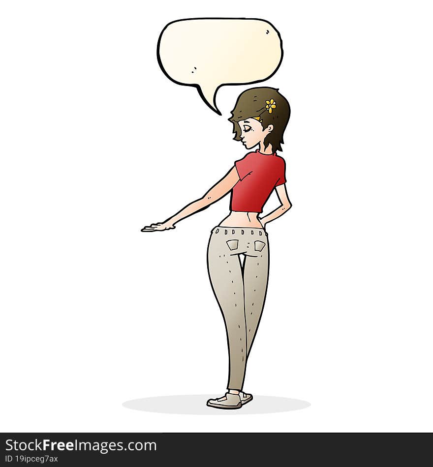 cartoon pretty girl in jeans and tee with speech bubble