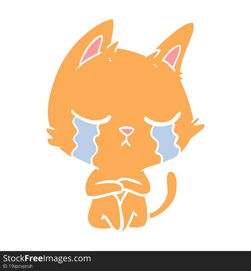 Crying Flat Color Style Cartoon Cat Sitting