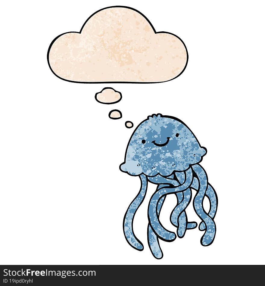 cartoon happy jellyfish and thought bubble in grunge texture pattern style