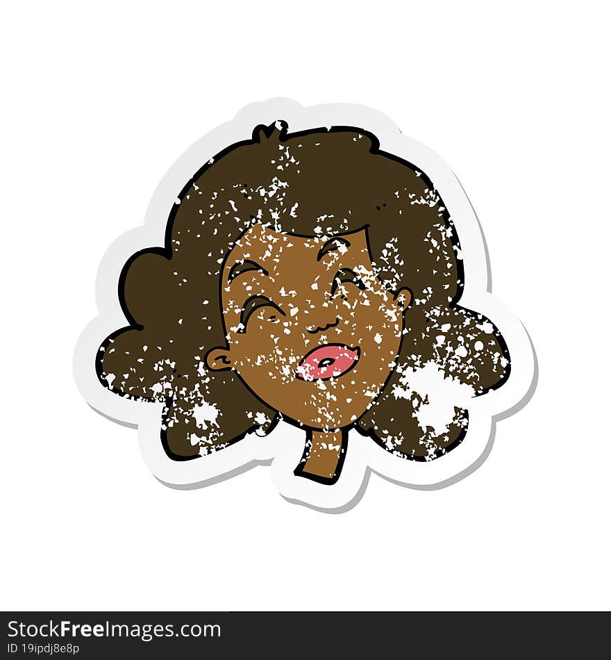 retro distressed sticker of a cartoon happy female face