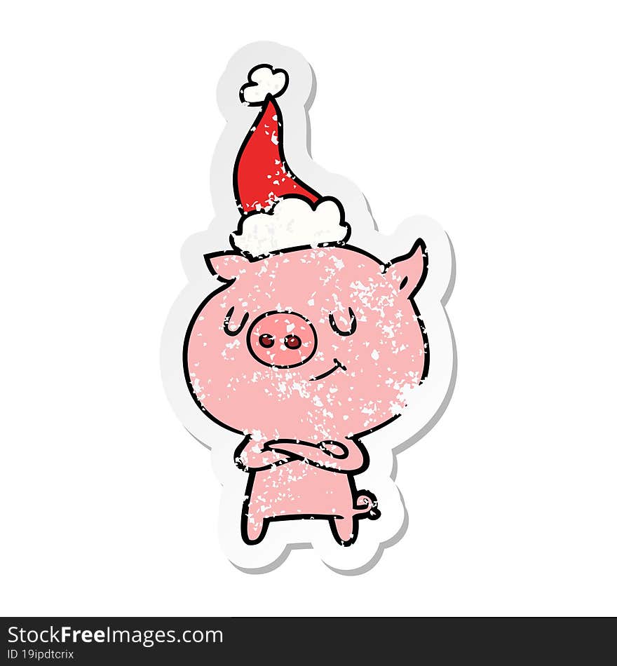 happy distressed sticker cartoon of a pig wearing santa hat