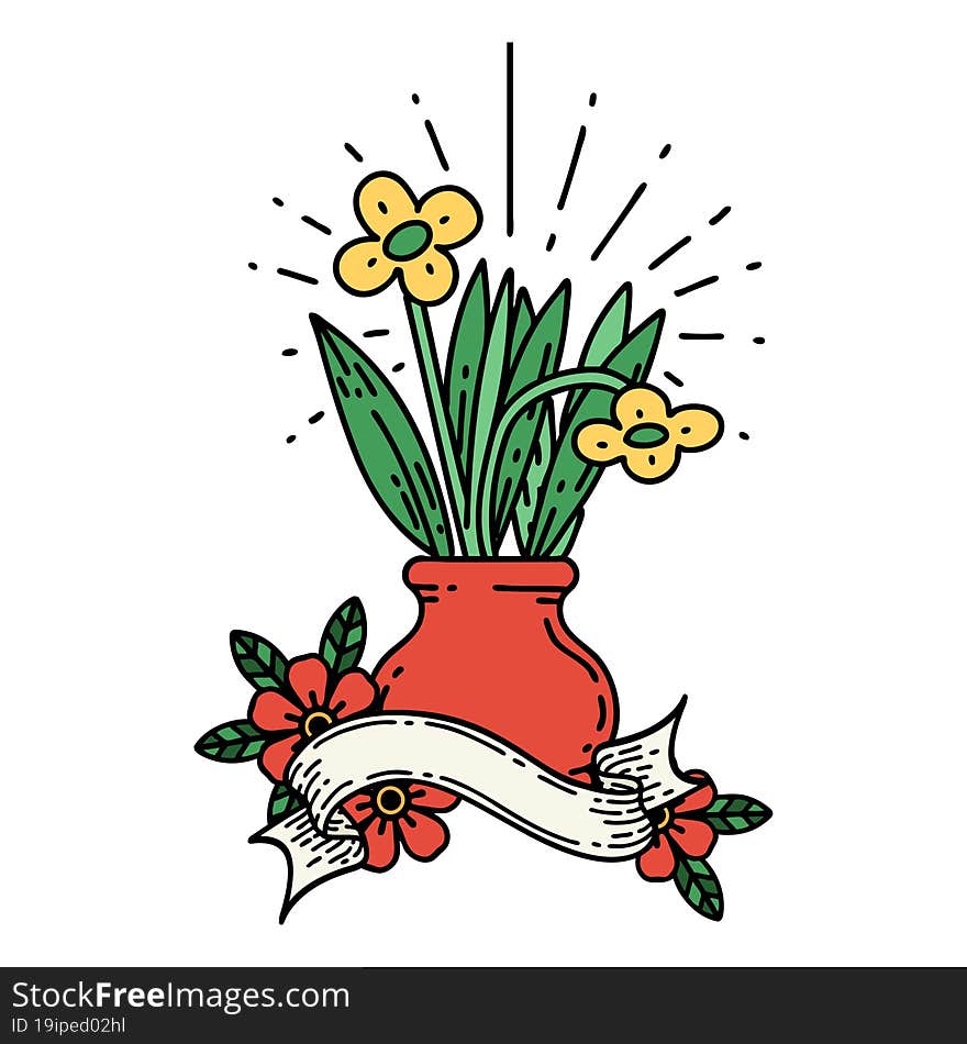 banner with tattoo style flowers in vase