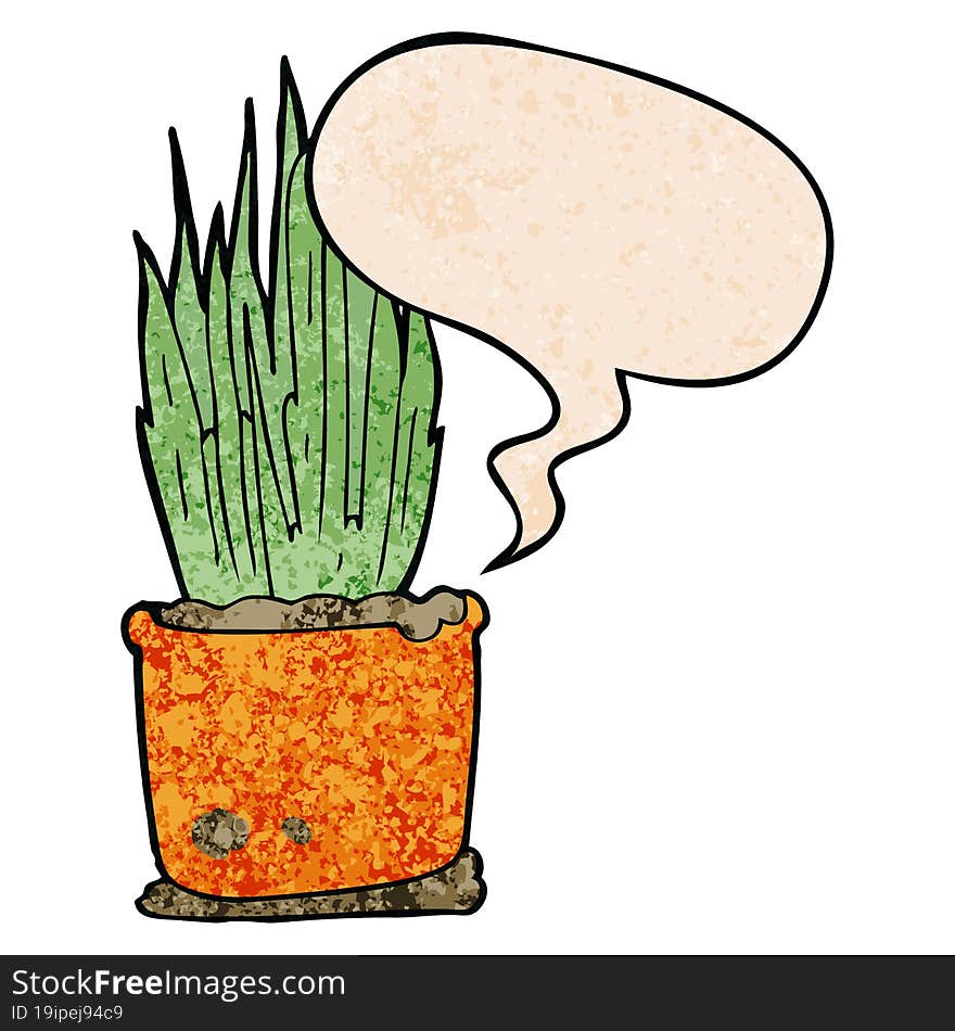 cartoon house plant and speech bubble in retro texture style