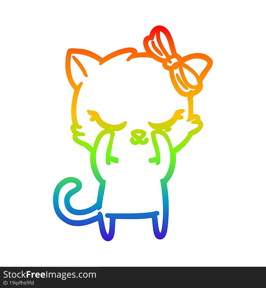 rainbow gradient line drawing cute cartoon cat with bow