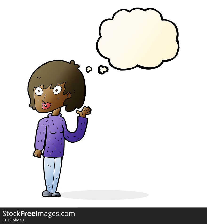 cartoon waving woman with thought bubble