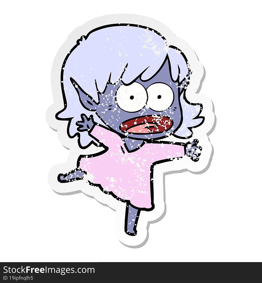 distressed sticker of a cartoon shocked elf girl