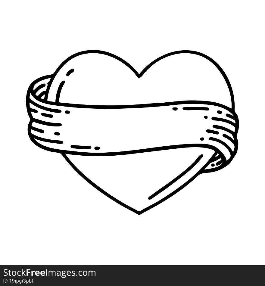 tattoo in black line style of a heart and banner. tattoo in black line style of a heart and banner