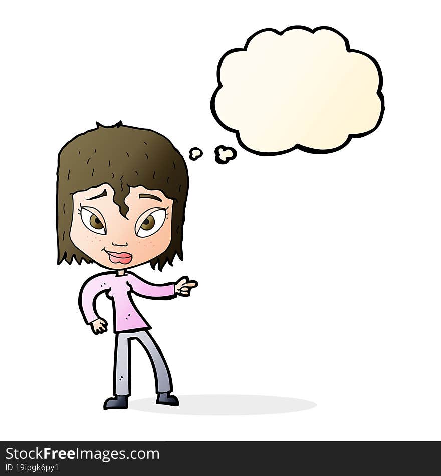 cartoon relaxed woman pointing with thought bubble