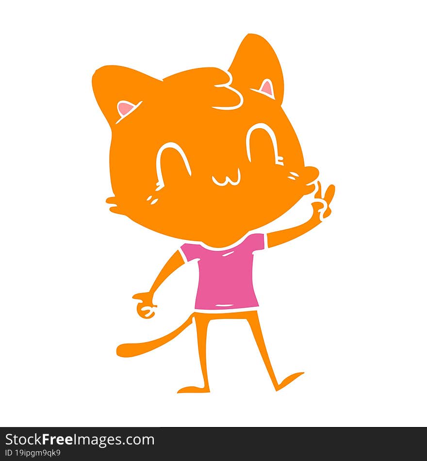 flat color style cartoon happy cat giving peace sign