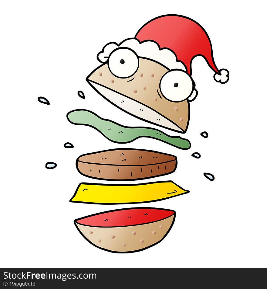 hand drawn gradient cartoon of a amazing burger wearing santa hat