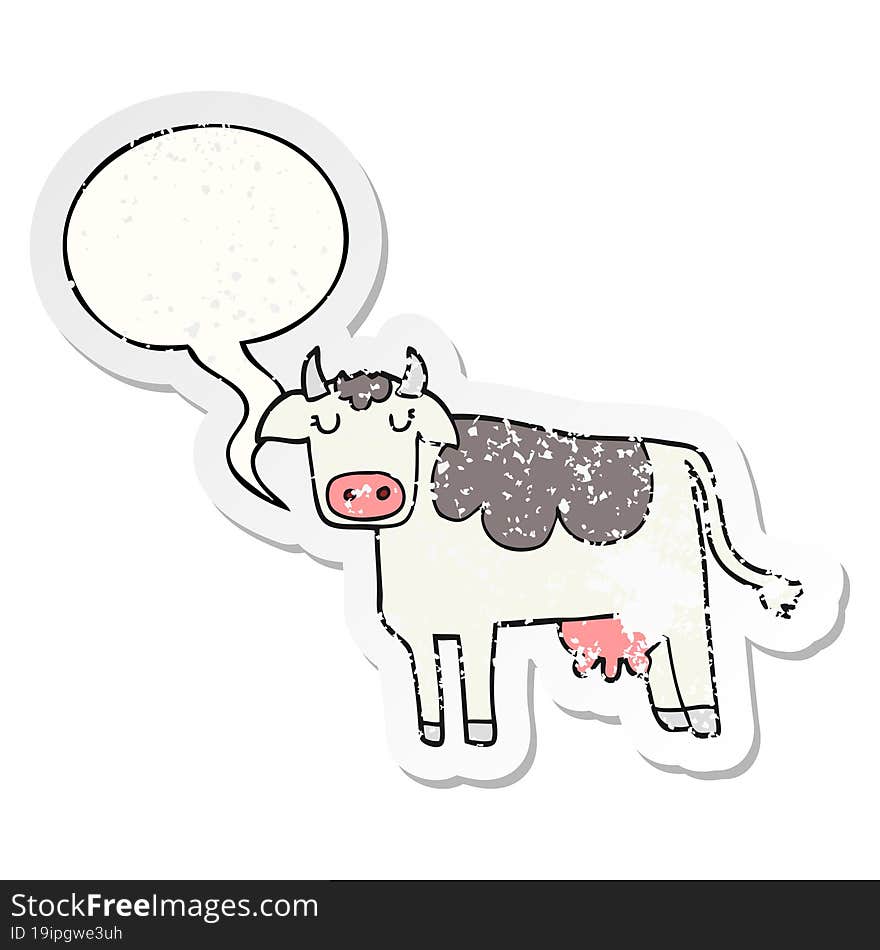 cartoon cow and speech bubble distressed sticker